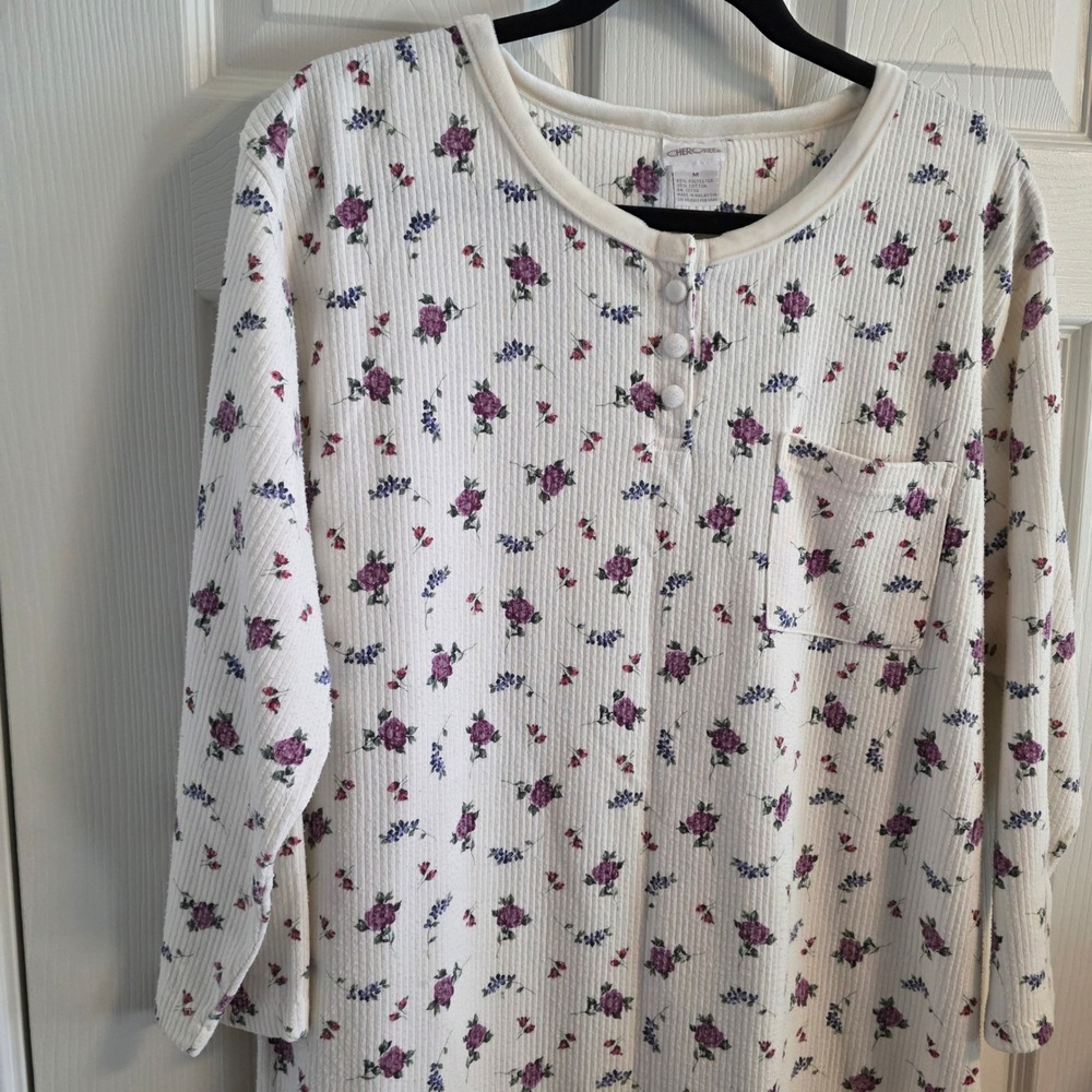 Cherokee Vintage Floral Nightgown Womens Medium White Waffle Knit Henley‎ Long